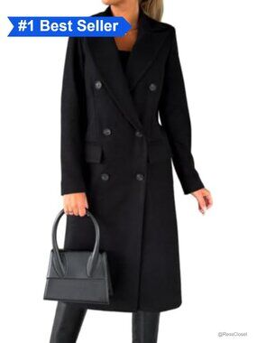Womens Long Wool Blend Pea Coat Double Breasted Trench Coat